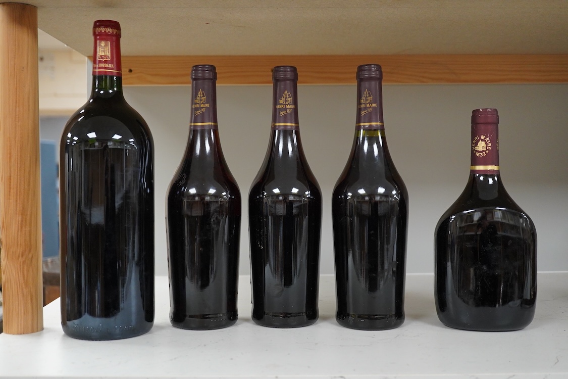 Five bottles: including a bottle of Chateau Corps de Loup, premieres cote de Blaye 1990